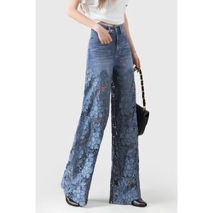 High-Rise Blue Lace Wide-Leg Jeans